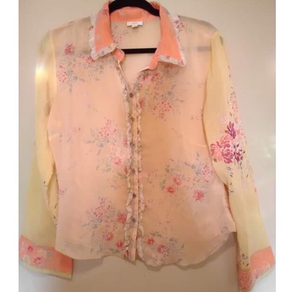 J. Jill M floral and ruffle Button up sheer blouse